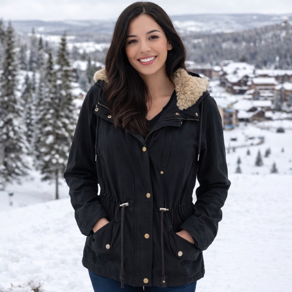 KOAJ Black Faux Fur Hood Utility Jacket Medium | Drawstring Waist Winter Coat